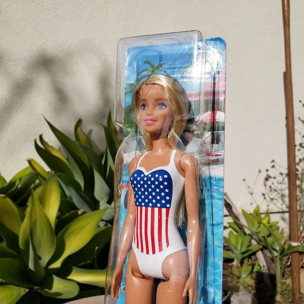 NEW Barbie Beach Doll Blonde Hair USA Flag Swimsuit Easter Basket gift stocking